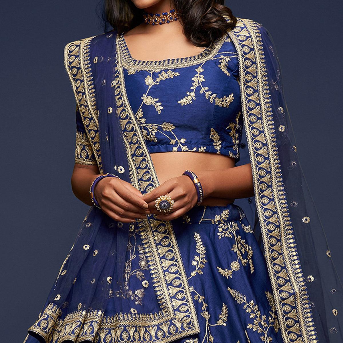 Blue Wedding Floral Sequins Embroidered Art Silk Lehenga Choli - Peachmode