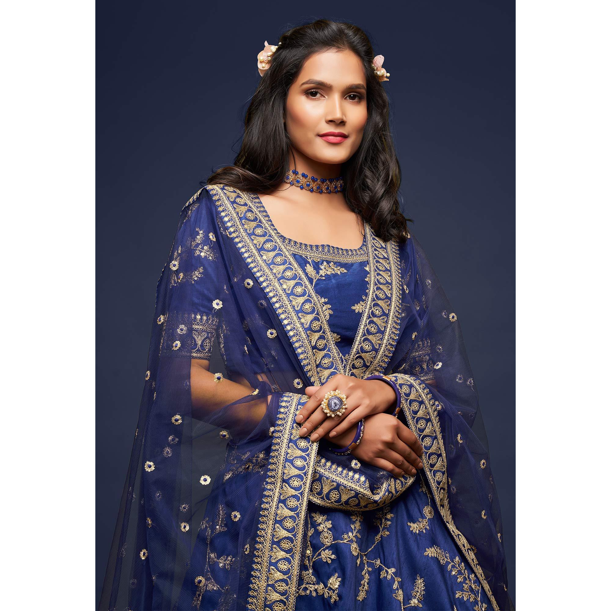 Blue Wedding Floral Sequins Embroidered Art Silk Lehenga Choli - Peachmode