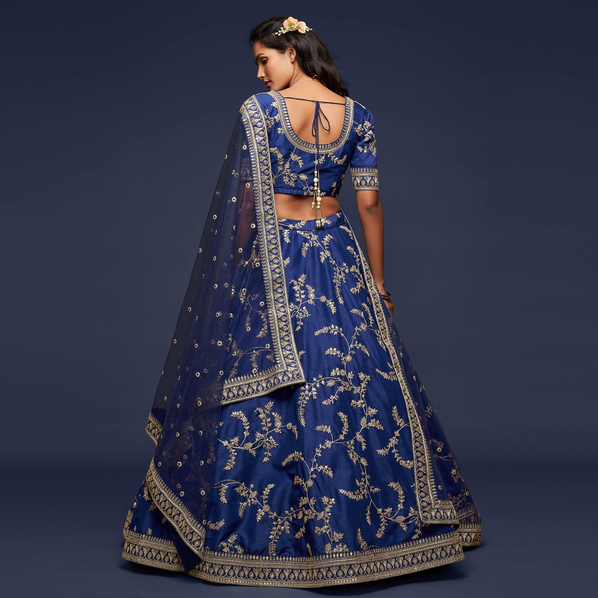 Blue Wedding Floral Sequins Embroidered Art Silk Lehenga Choli - Peachmode