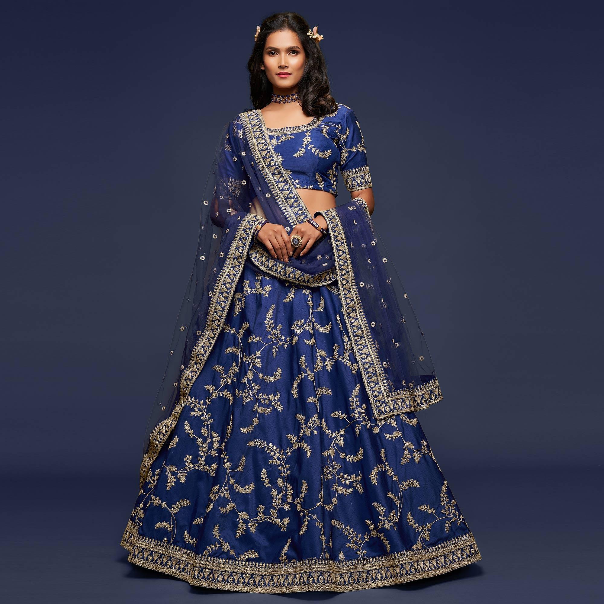 Blue Wedding Floral Sequins Embroidered Art Silk Lehenga Choli - Peachmode
