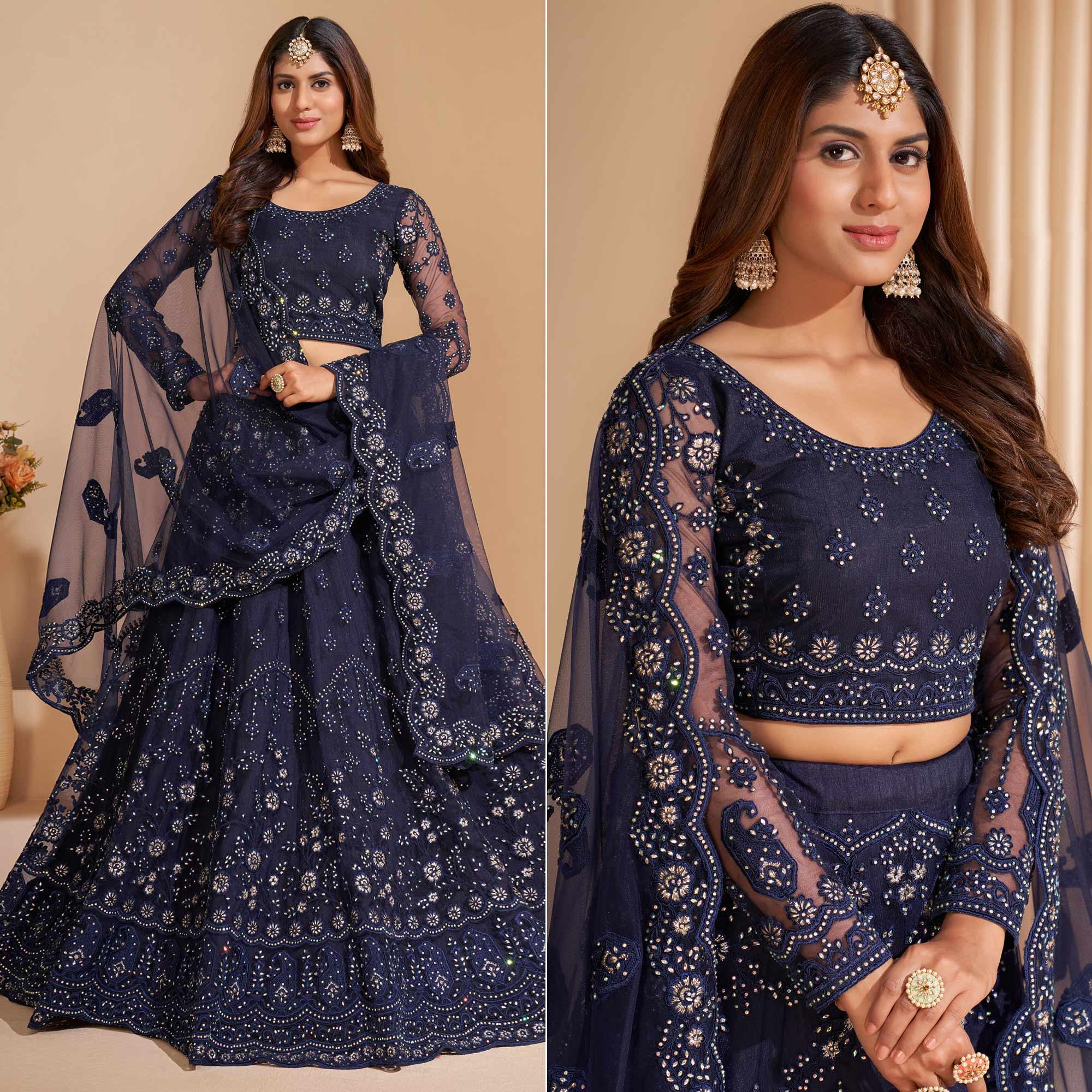 Blue Wedding Wear Embroidered With Embellished Net Lehenga Choli - Peachmode