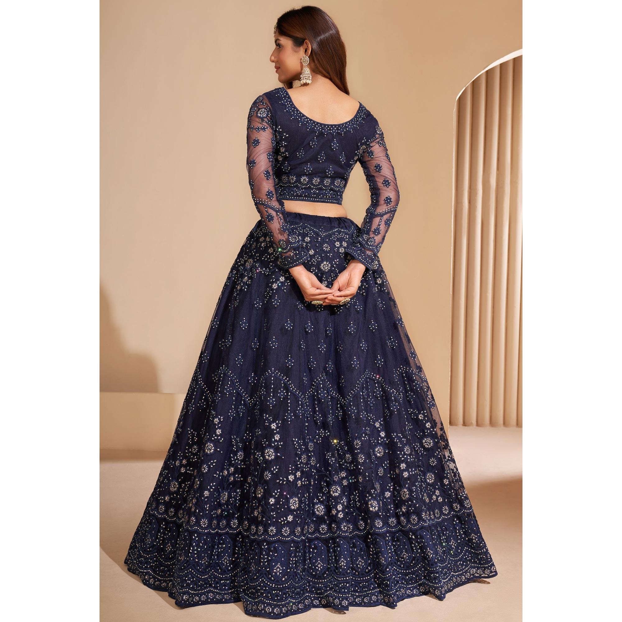 Blue Wedding Wear Embroidered With Embellished Net Lehenga Choli - Peachmode