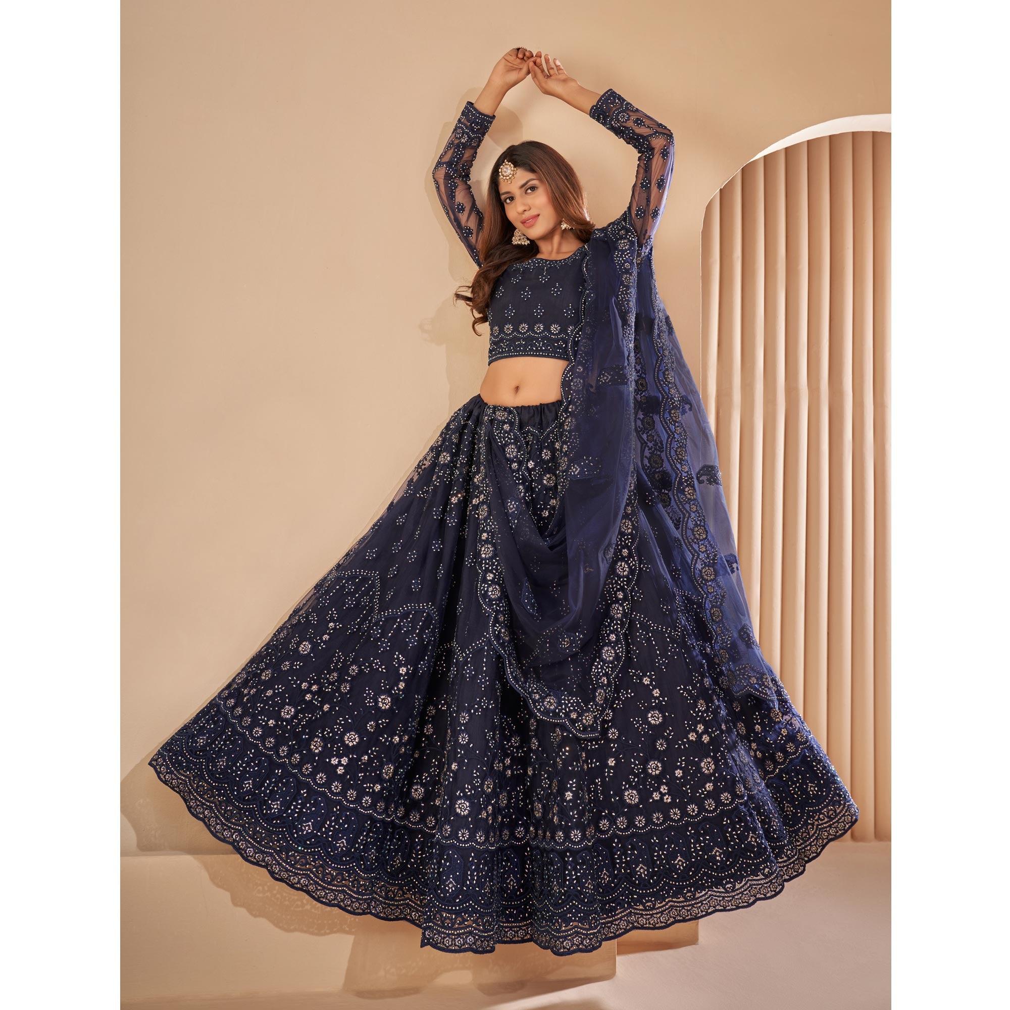 Blue Wedding Wear Embroidered With Embellished Net Lehenga Choli - Peachmode