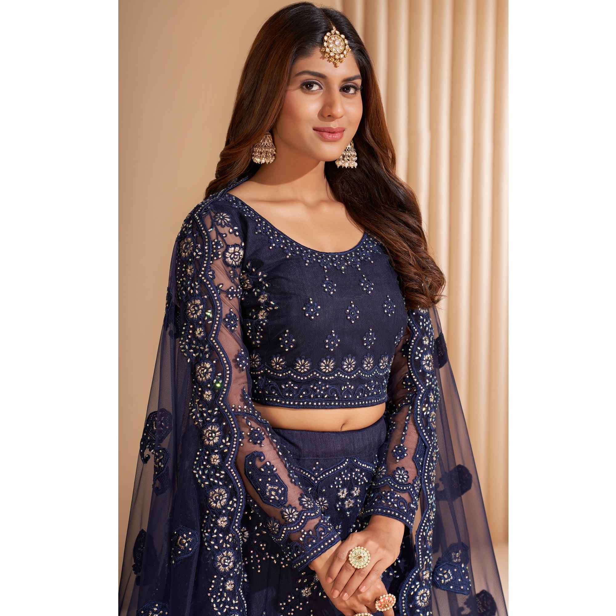 Blue Wedding Wear Embroidered With Embellished Net Lehenga Choli - Peachmode
