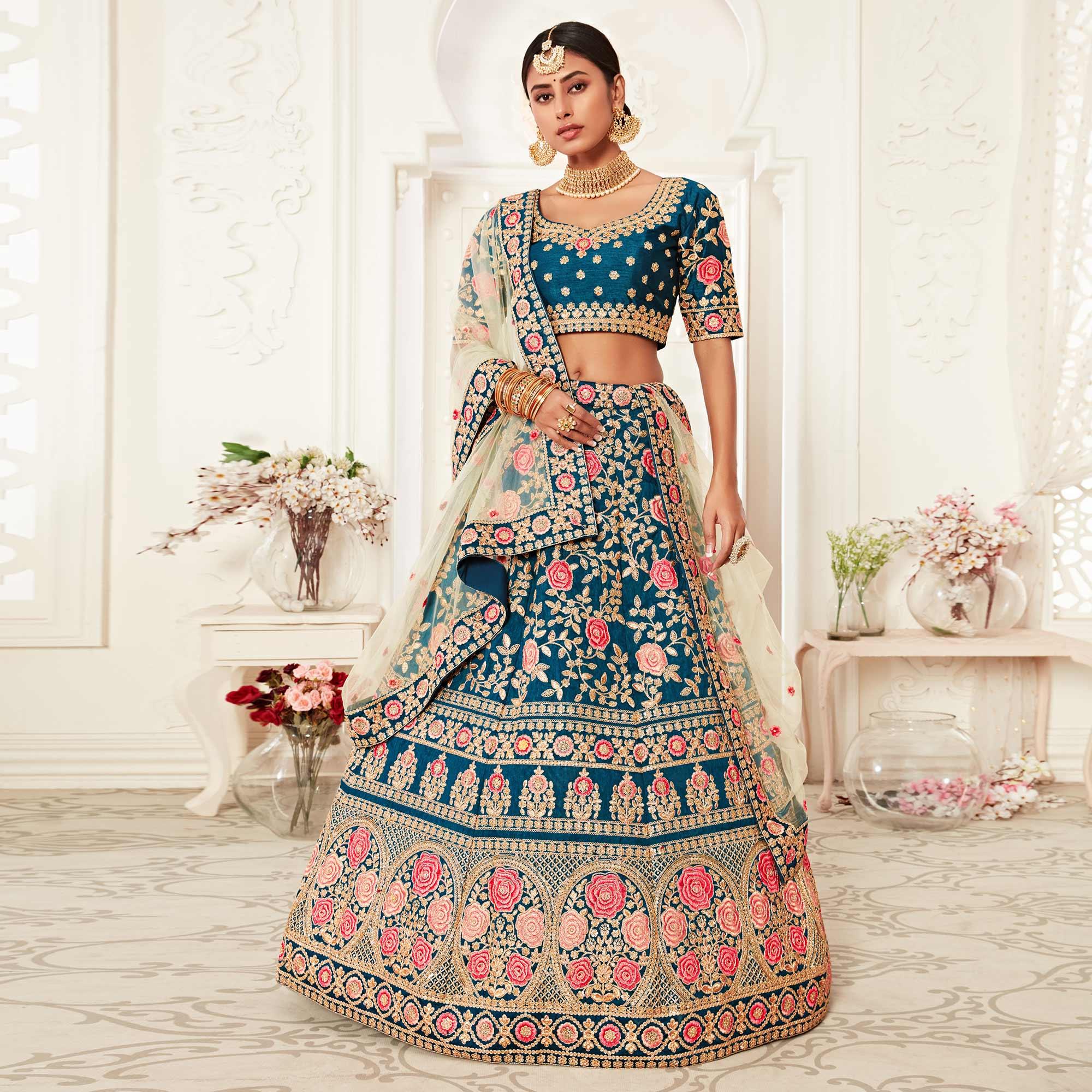 Blue Wedding Wear Floral Sequins Embroidered Slub Silk Lehenga Choli - Peachmode