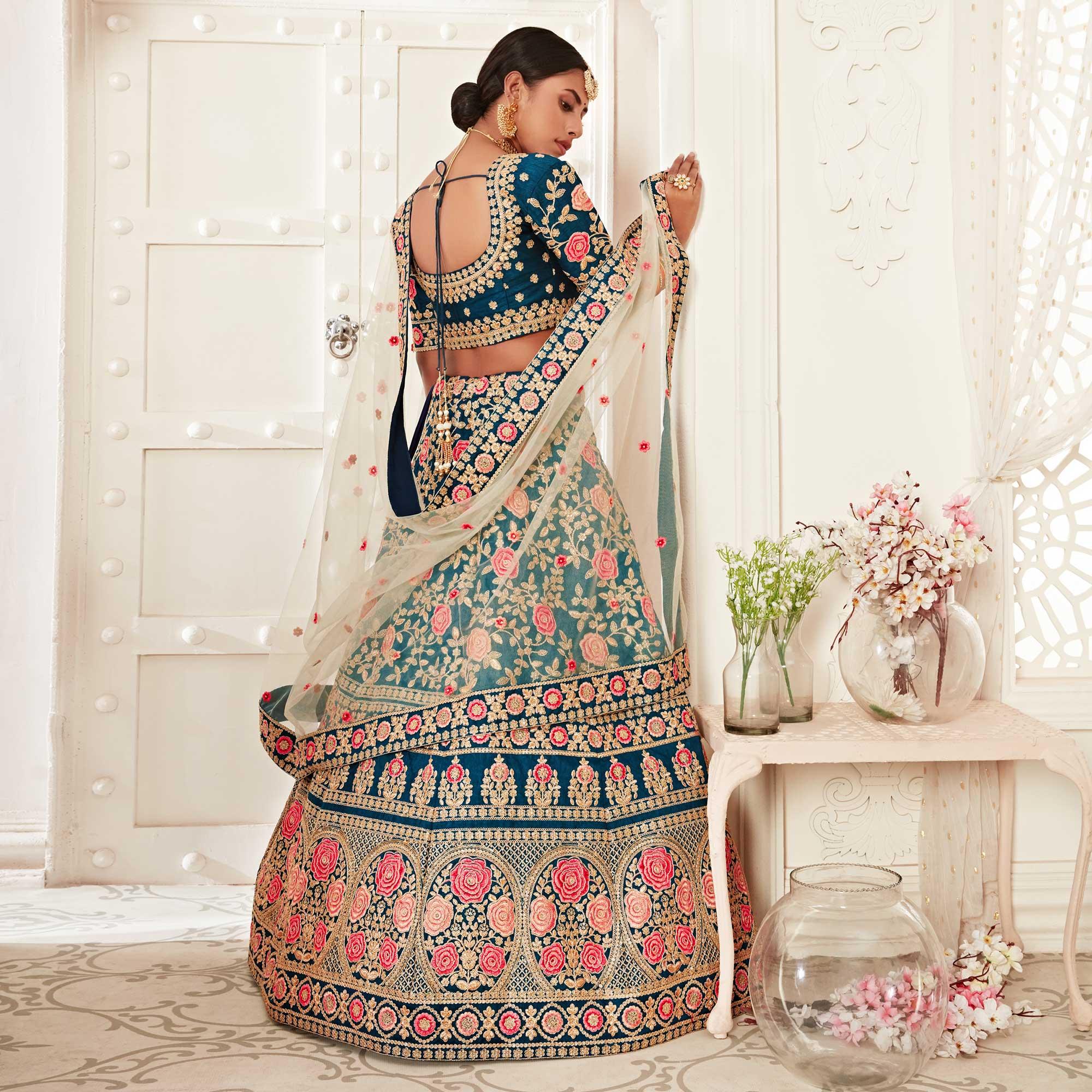 Blue Wedding Wear Floral Sequins Embroidered Slub Silk Lehenga Choli - Peachmode