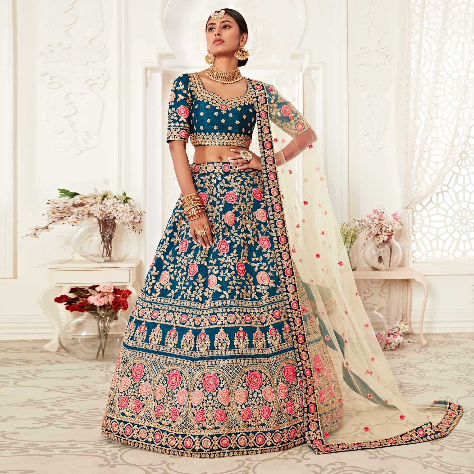 Blue Wedding Wear Floral Sequins Embroidered Slub Silk Lehenga Choli - Peachmode