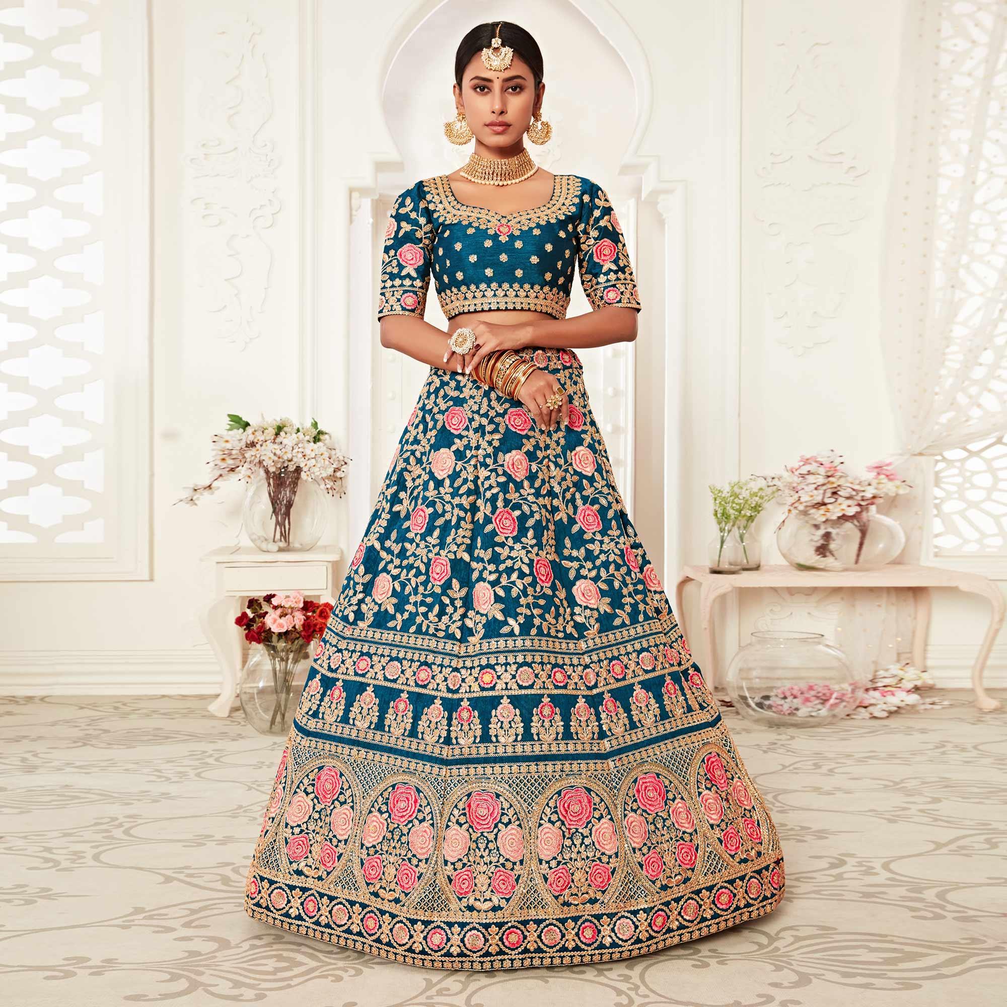 Blue Wedding Wear Floral Sequins Embroidered Slub Silk Lehenga Choli - Peachmode