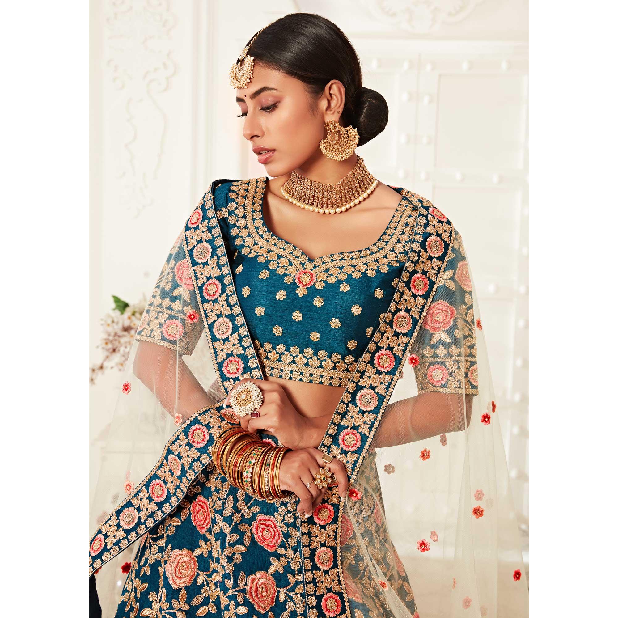 Blue Wedding Wear Floral Sequins Embroidered Slub Silk Lehenga Choli - Peachmode