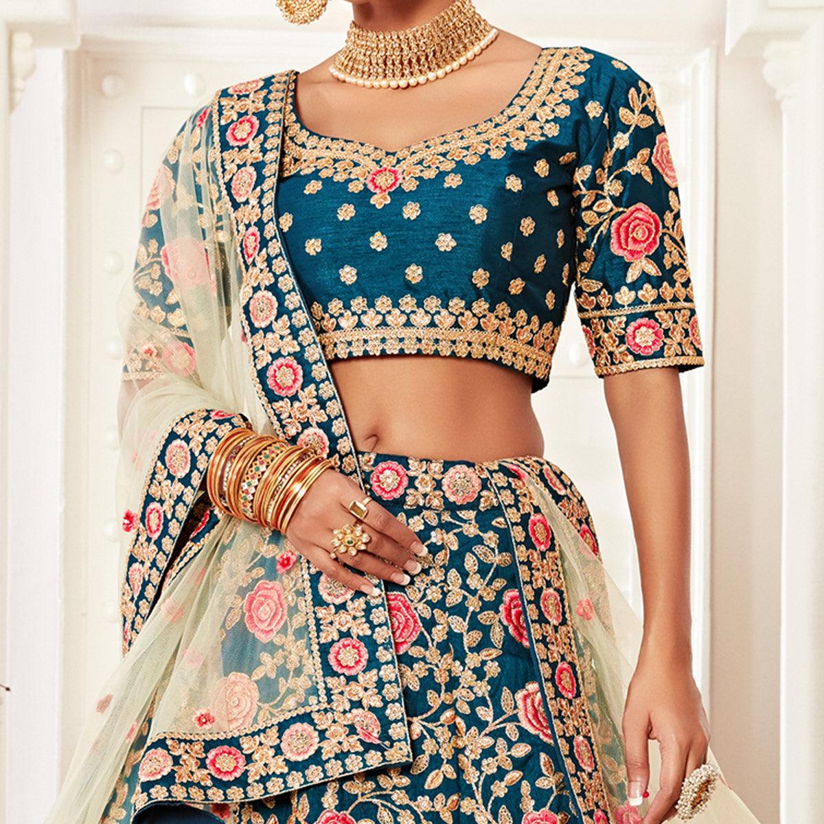 Blue Wedding Wear Floral Sequins Embroidered Slub Silk Lehenga Choli - Peachmode