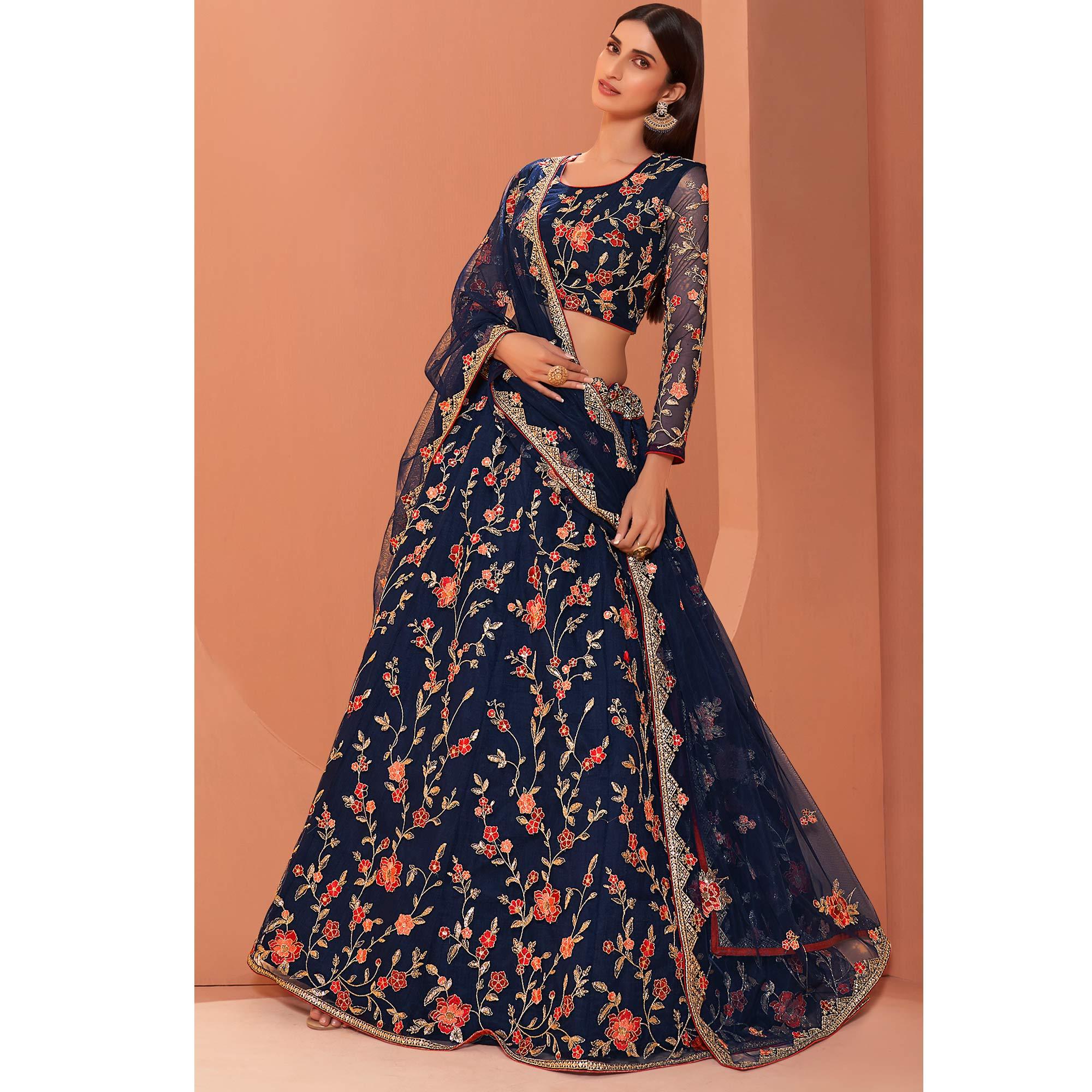 Blue Wedding Wear Floral Zari & Sequence Embroiederd Banglori Silk Lehenga Choli - Peachmode