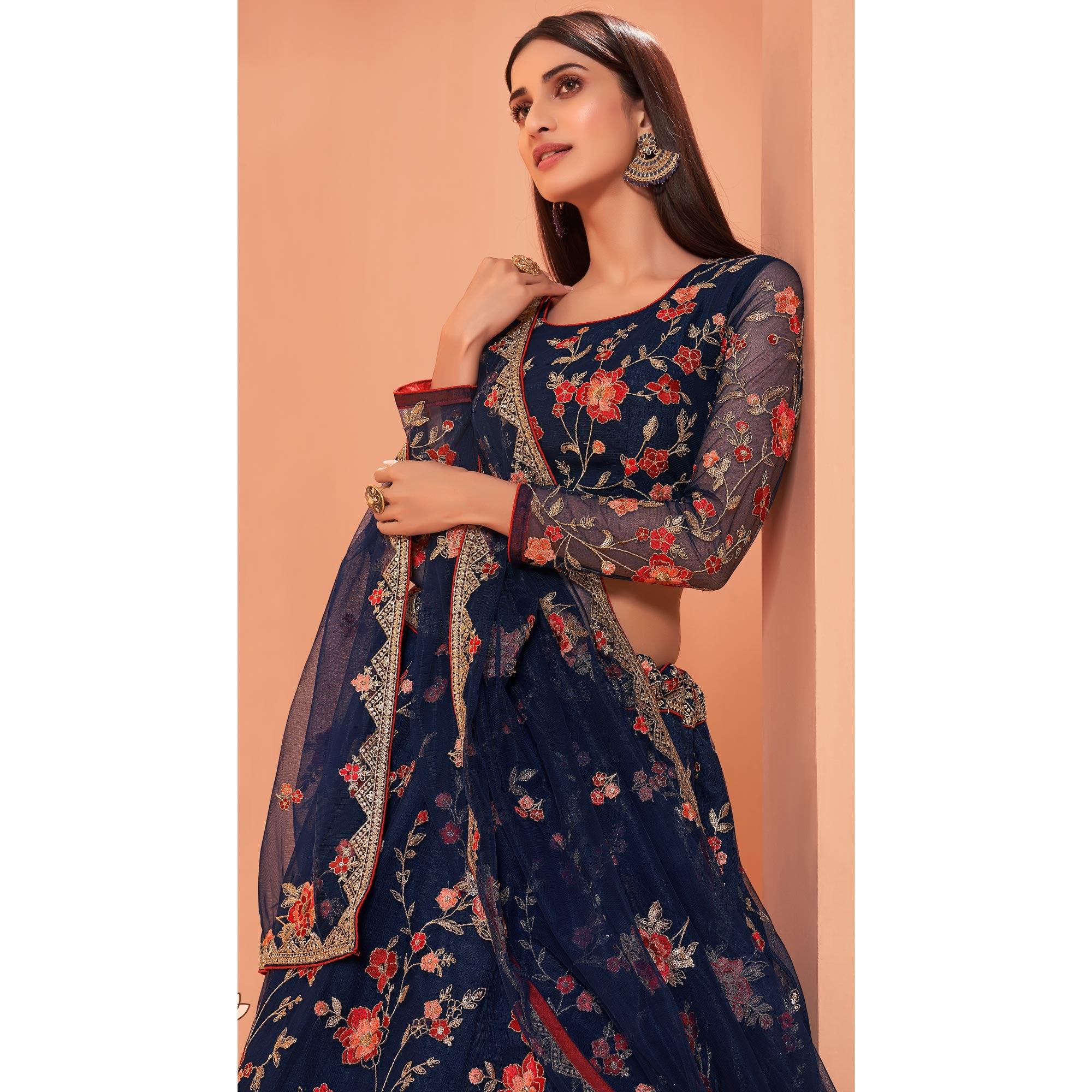 Blue Wedding Wear Floral Zari & Sequence Embroiederd Banglori Silk Lehenga Choli - Peachmode