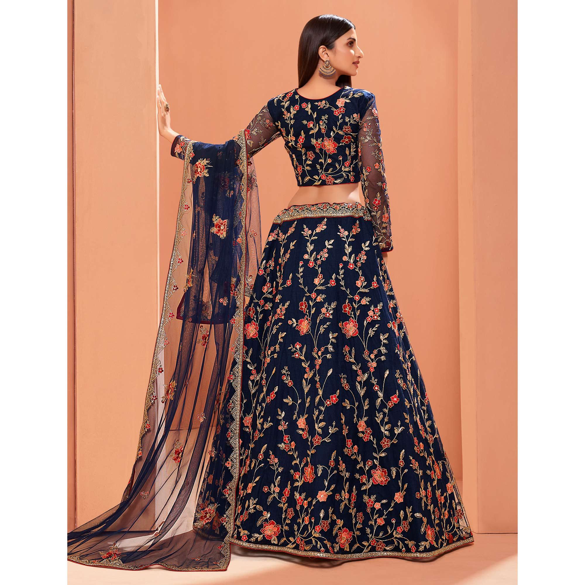 Blue Wedding Wear Floral Zari & Sequence Embroiederd Banglori Silk Lehenga Choli - Peachmode