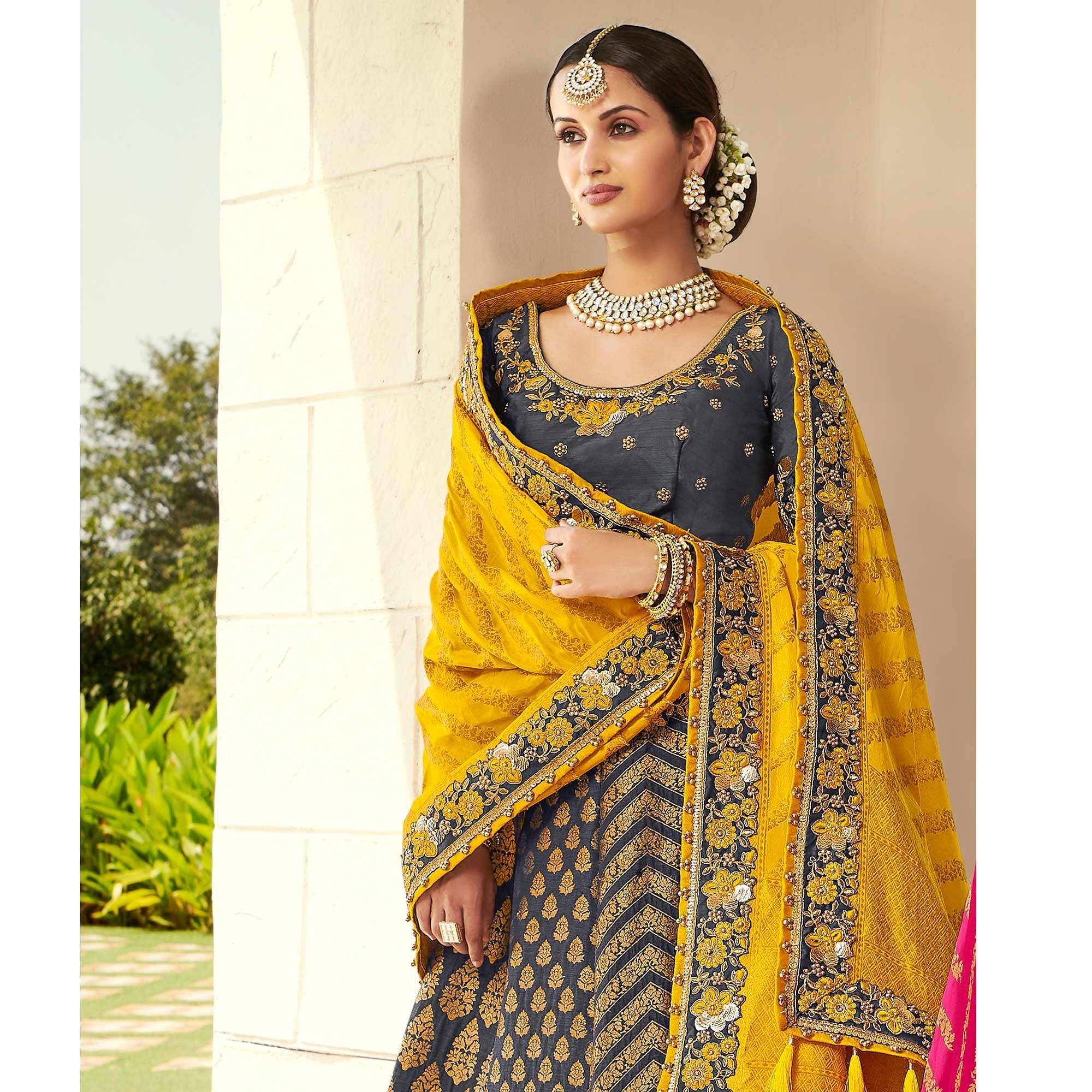 Blue Wedding Wear Heavy Embroidered Banarasi Silk Lehenga Choli - Peachmode