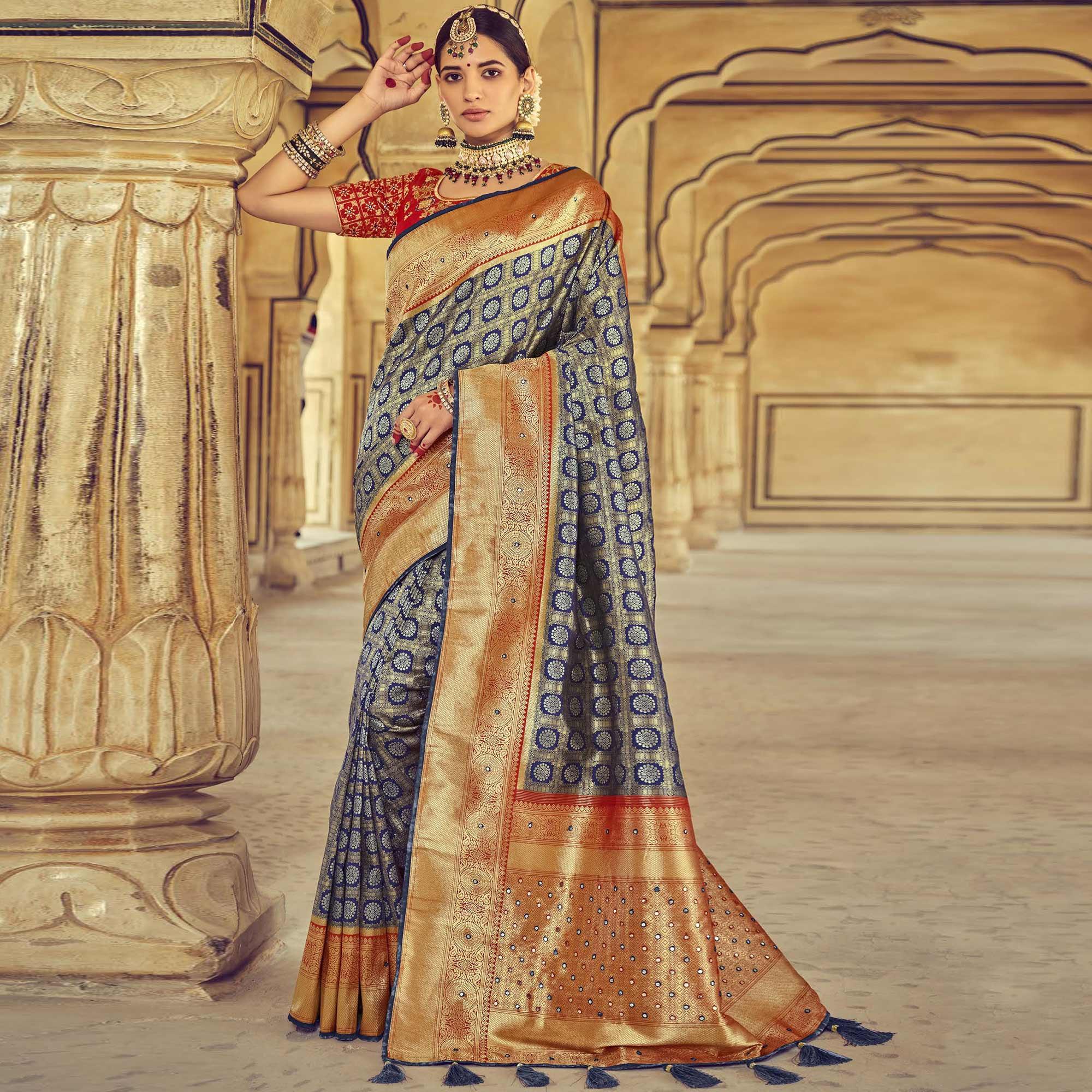 Blue Wedding Wear Resham With Embellished Silk Kanjivaram Saree - Peachmode