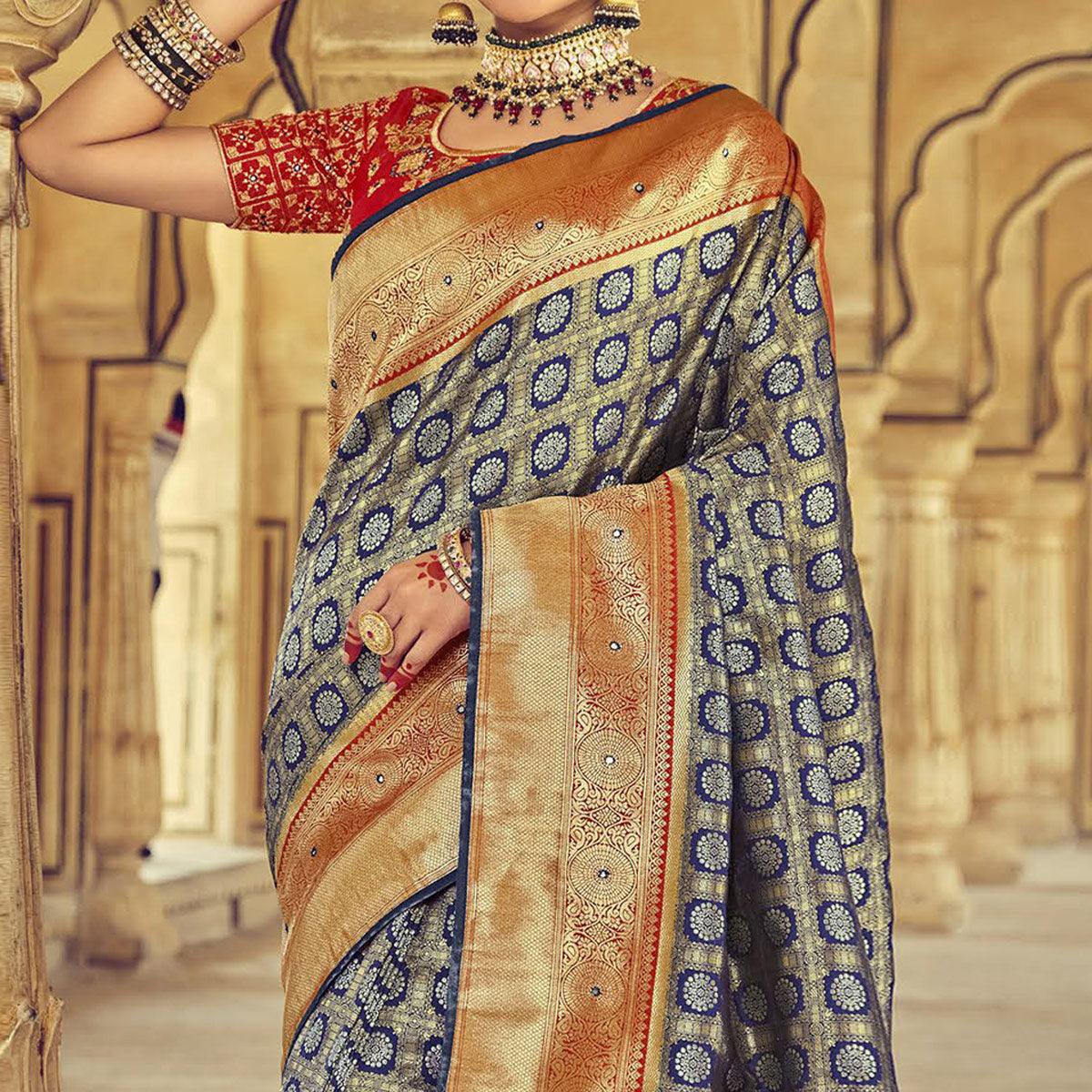 Blue Wedding Wear Resham With Embellished Silk Kanjivaram Saree - Peachmode