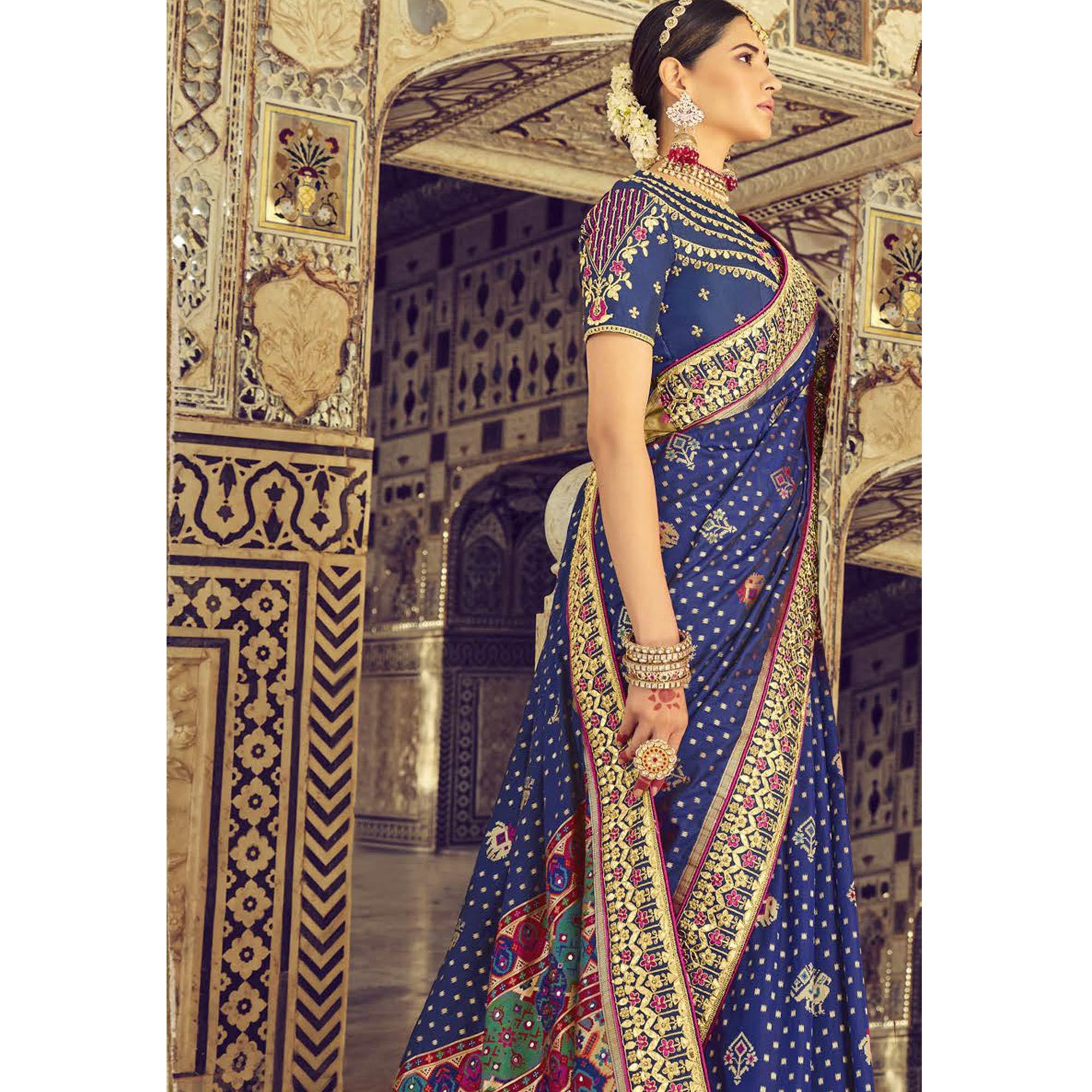 Blue Wedding Wear Resham With Embellished Silk Patola Saree - Peachmode