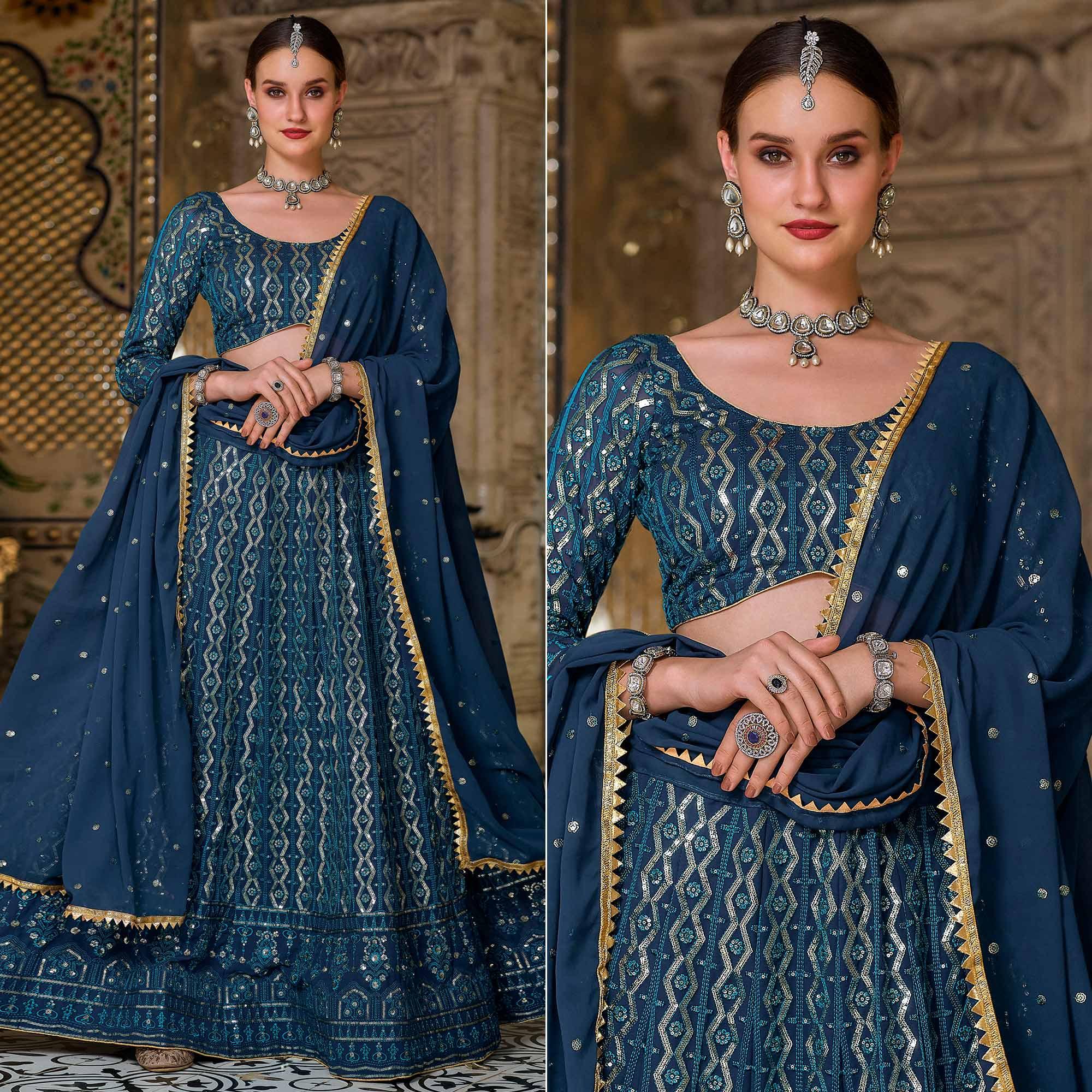 Blue Wedding Wear Sequence Embroidered Georgette Lehenga Choli - Peachmode
