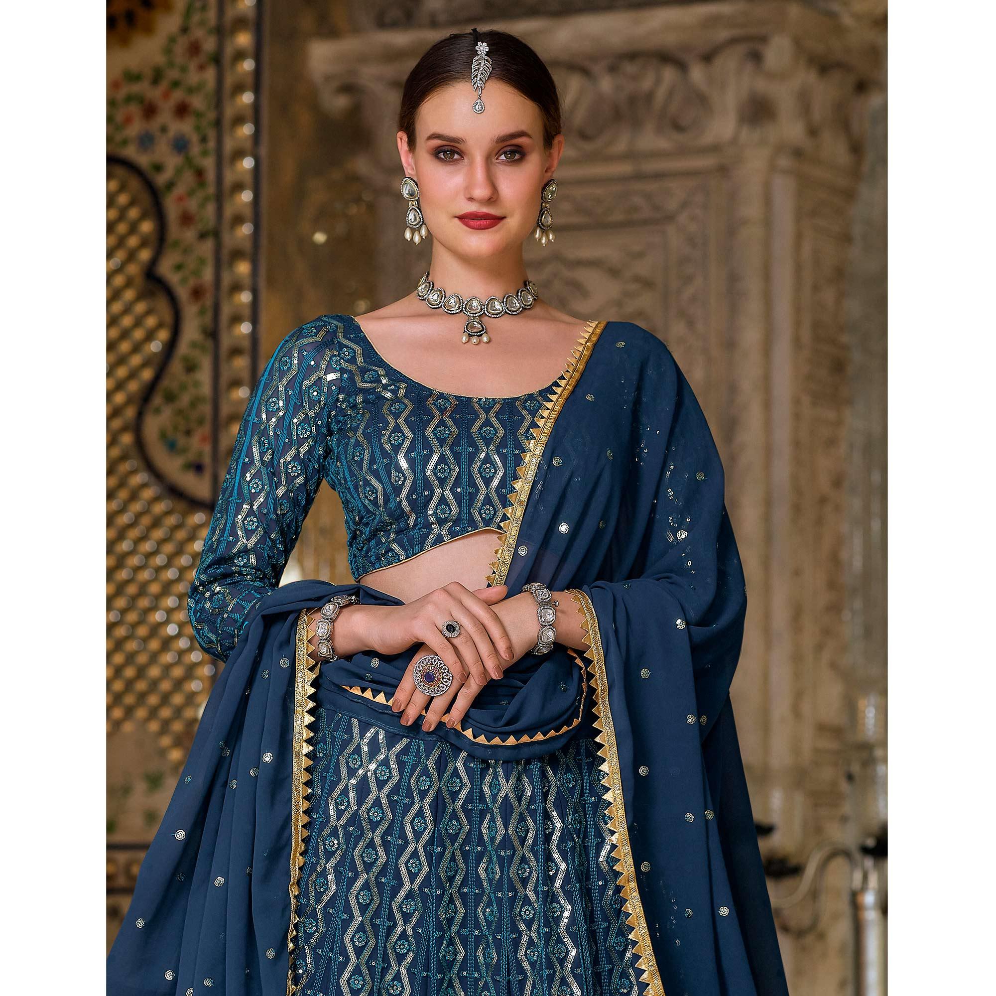 Blue Wedding Wear Sequence Embroidered Georgette Lehenga Choli - Peachmode