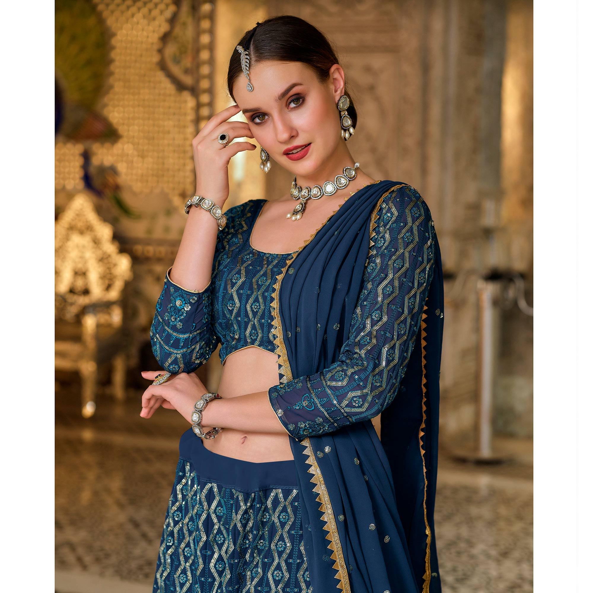 Blue Wedding Wear Sequence Embroidered Georgette Lehenga Choli - Peachmode