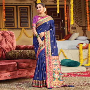 Blue Woven Art Silk Paithani Saree With Tassels - Peachmode