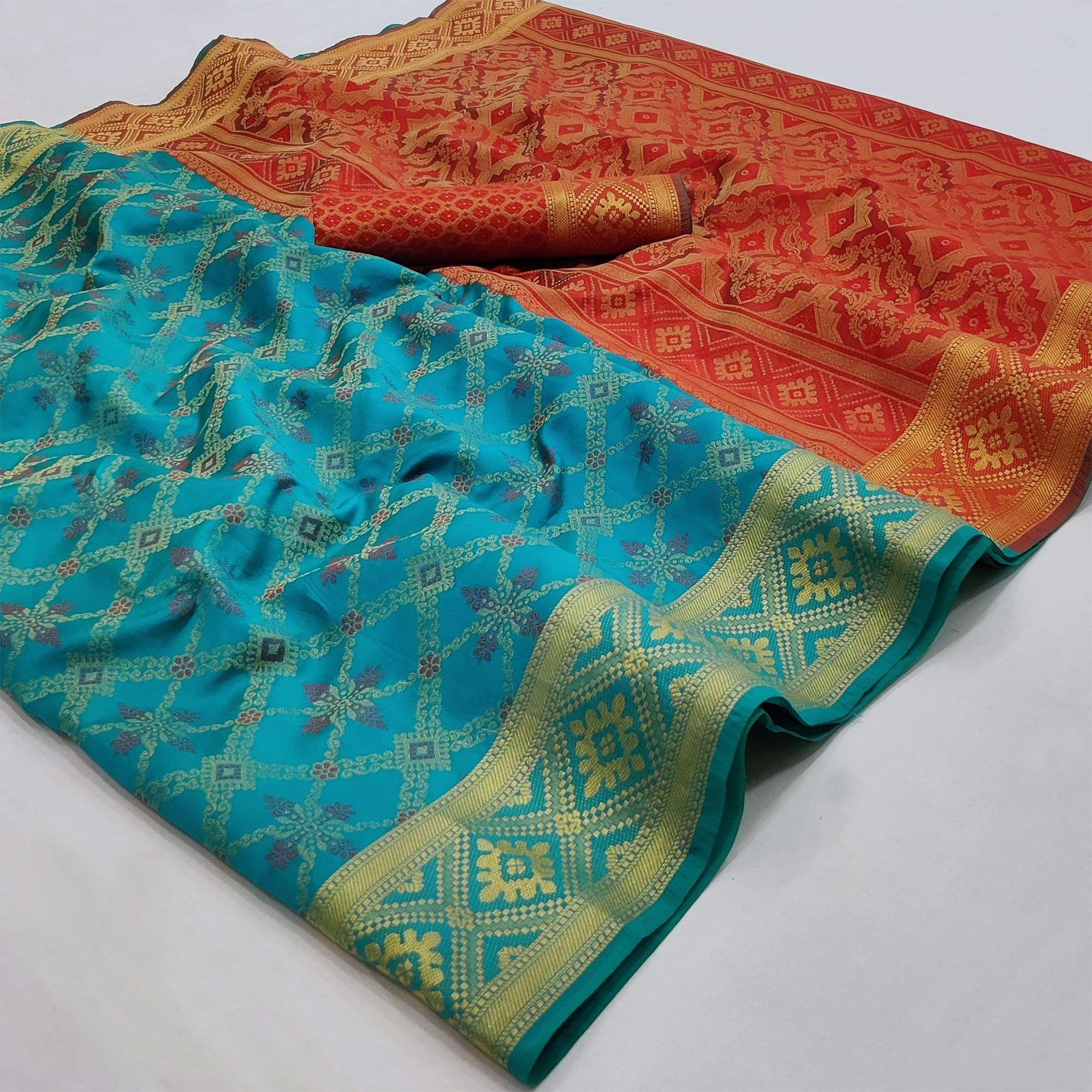 Blue Woven Art Silk Saree - Peachmode