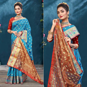 Blue Woven Art Silk Saree - Peachmode