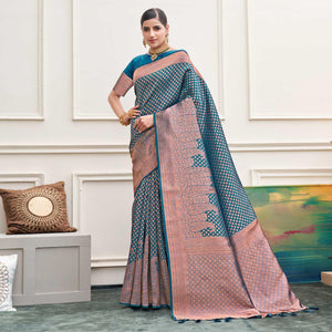 Blue Woven Art Silk Saree - Peachmode
