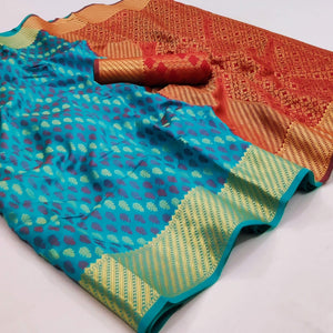 Blue Woven Art Silk Saree - Peachmode