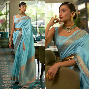 Blue Woven Art Silk Saree - Peachmode