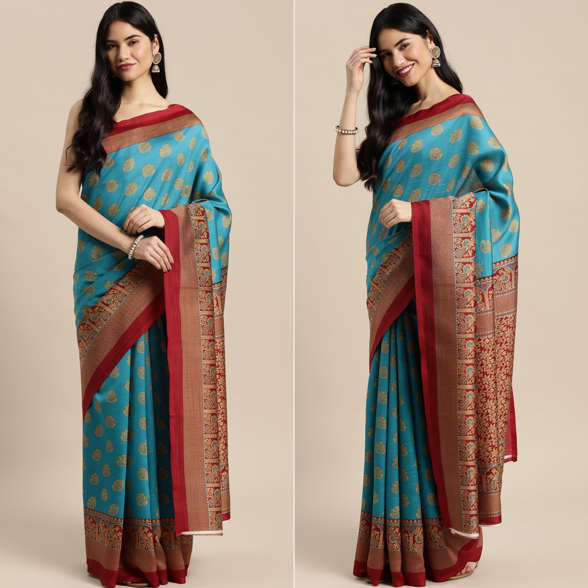 Blue Woven Art Silk Saree - Peachmode