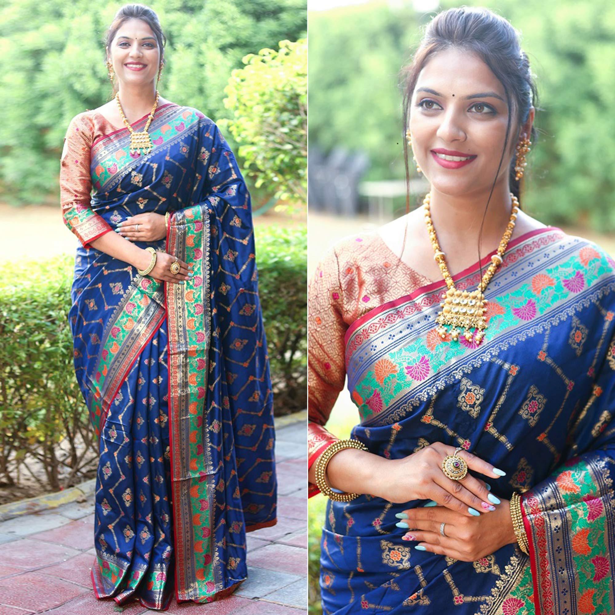 Blue Woven Art Silk Saree - Peachmode
