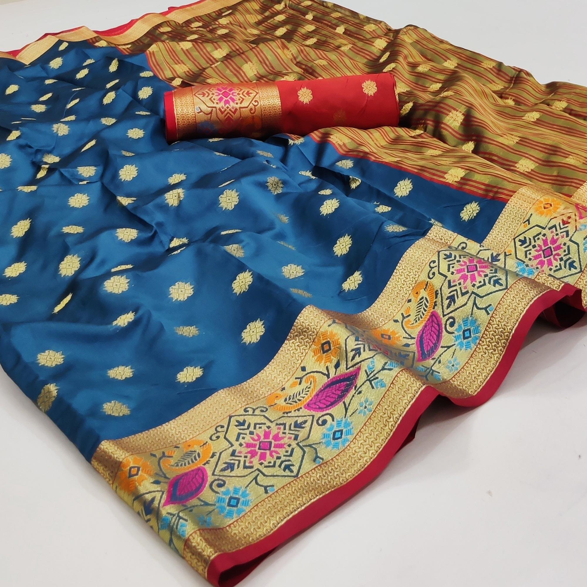 Blue Woven Art Silk Saree - Peachmode