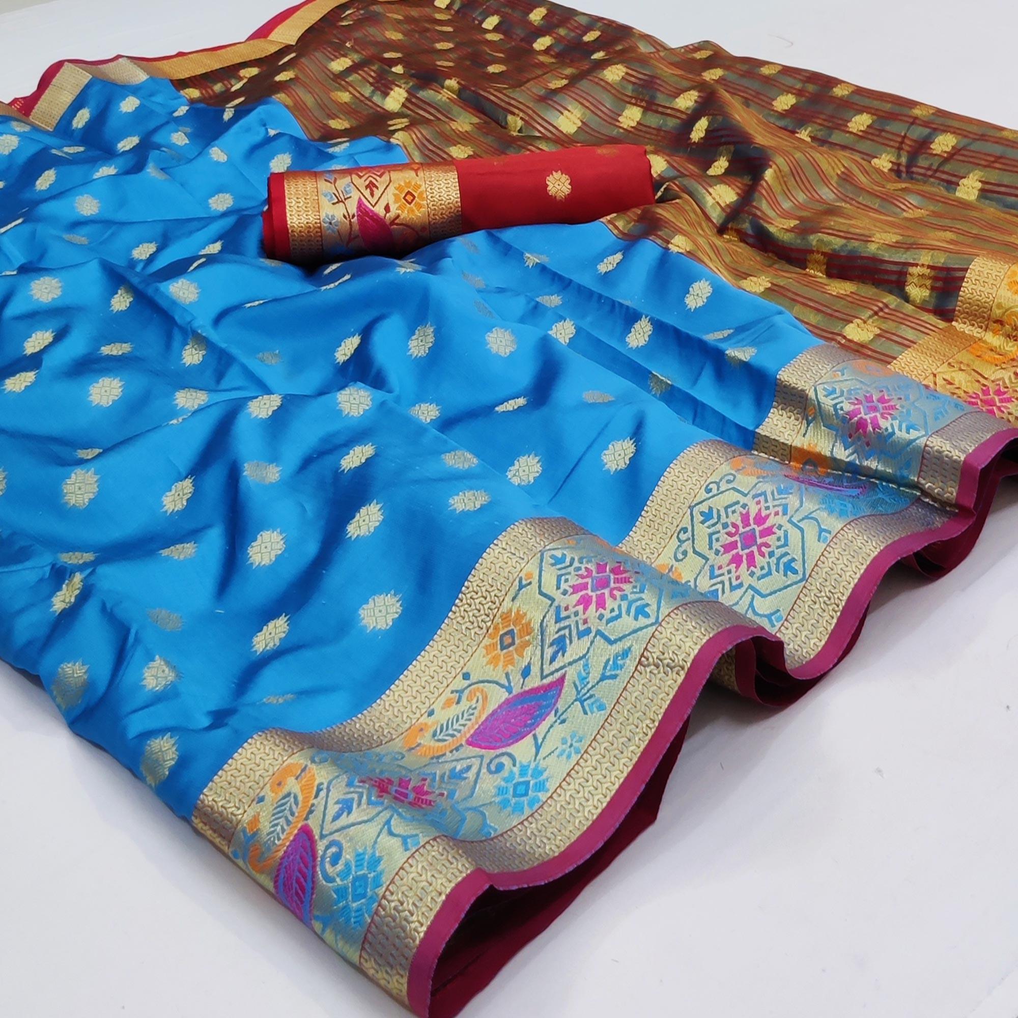 Blue Woven Art Silk Saree - Peachmode