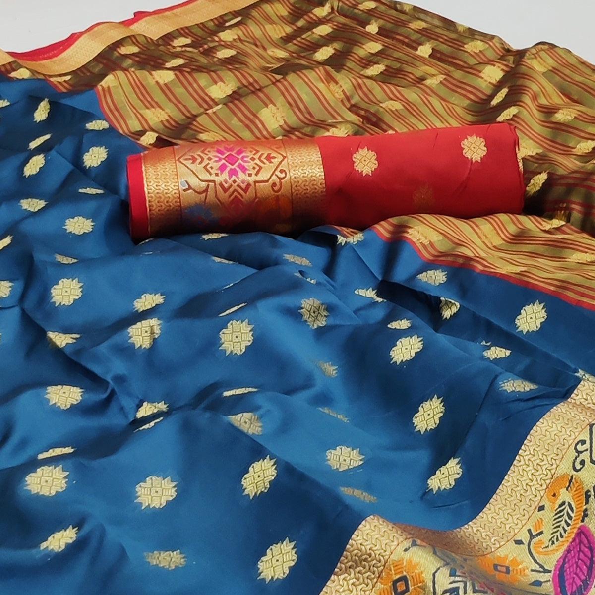 Blue Woven Art Silk Saree - Peachmode