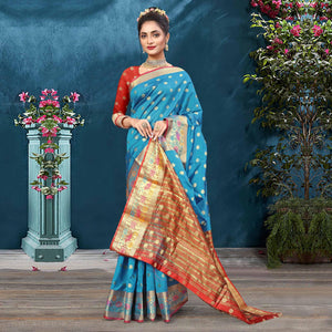 Blue Woven Art Silk Saree - Peachmode