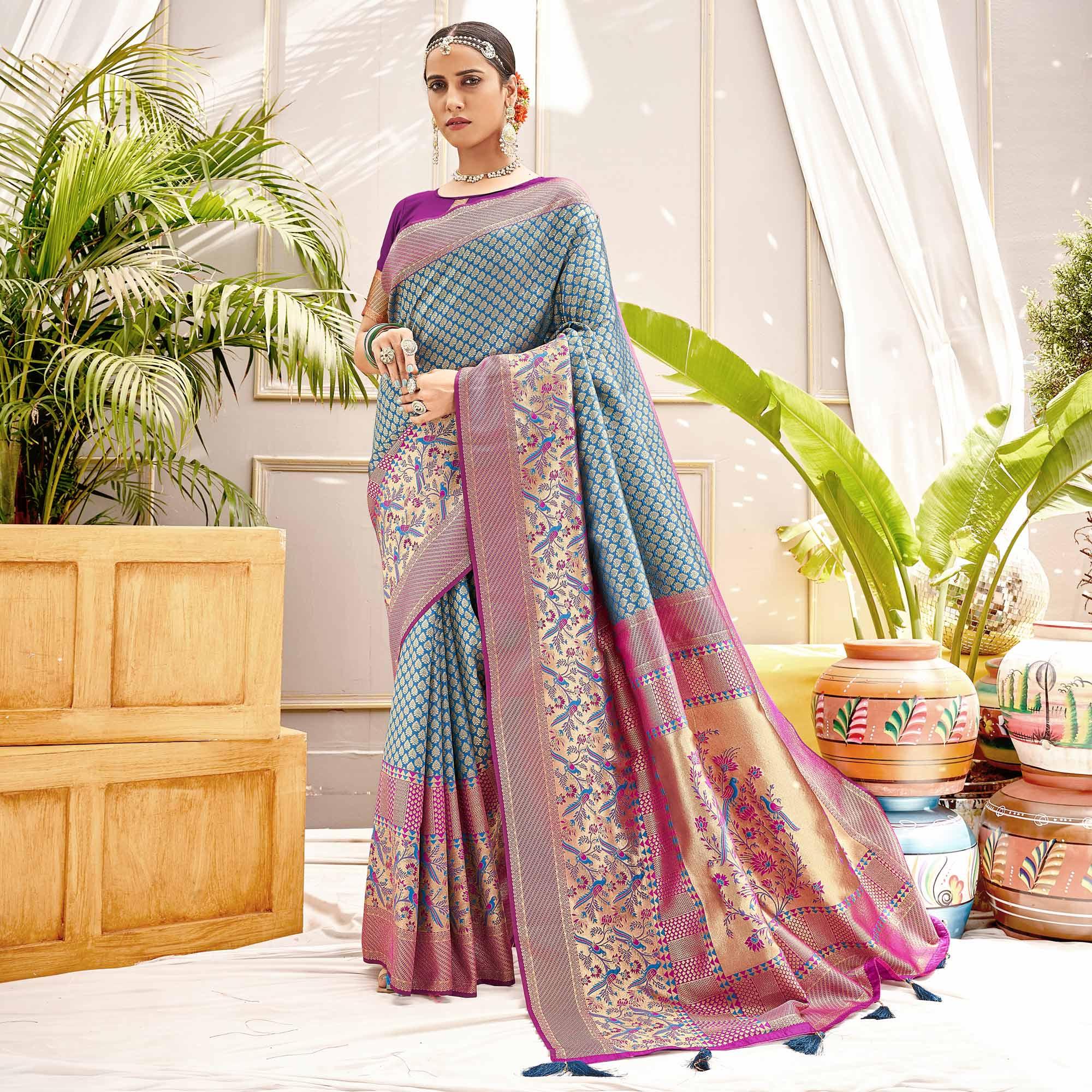 Blue Woven Art Silk Saree - Peachmode