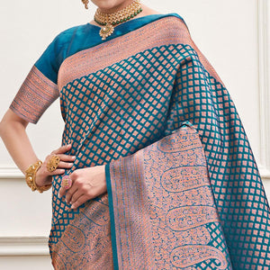 Blue Woven Art Silk Saree - Peachmode