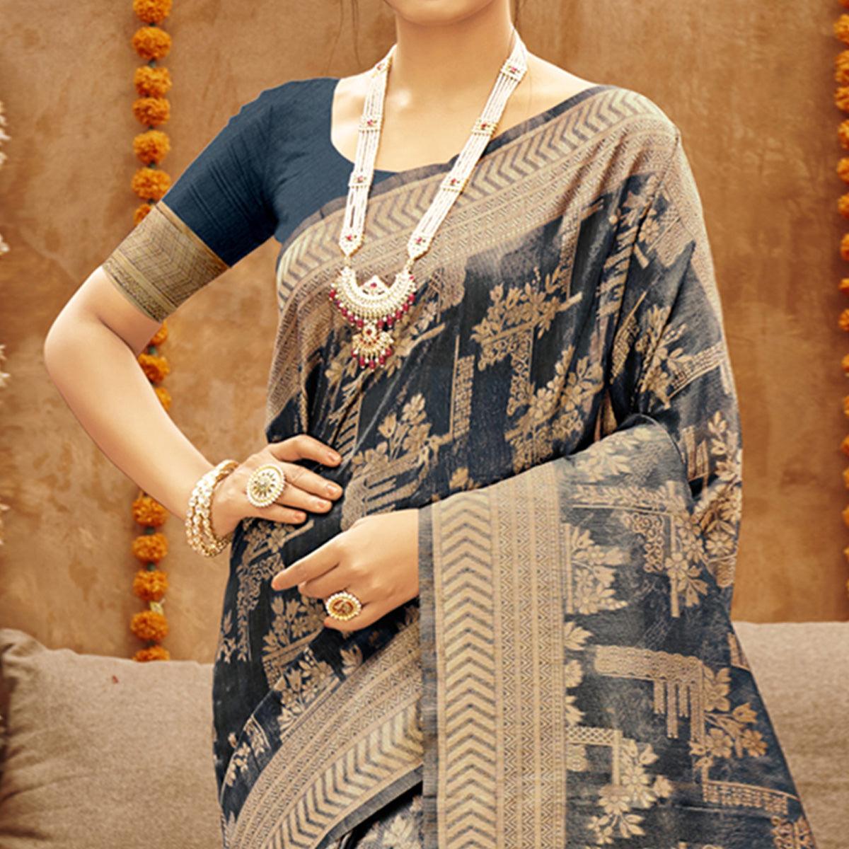 Blue Woven Art Silk Saree - Peachmode