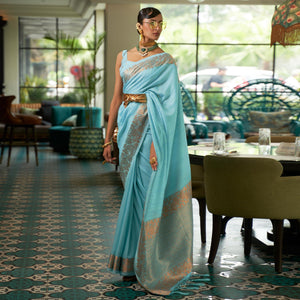 Blue Woven Art Silk Saree - Peachmode