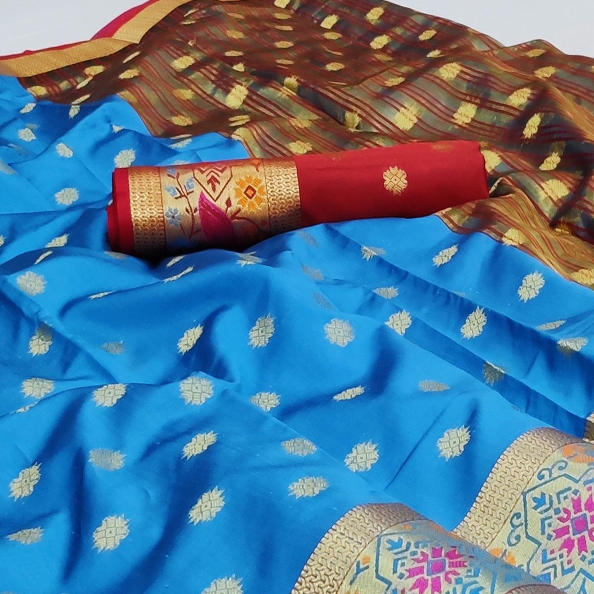 Blue Woven Art Silk Saree - Peachmode