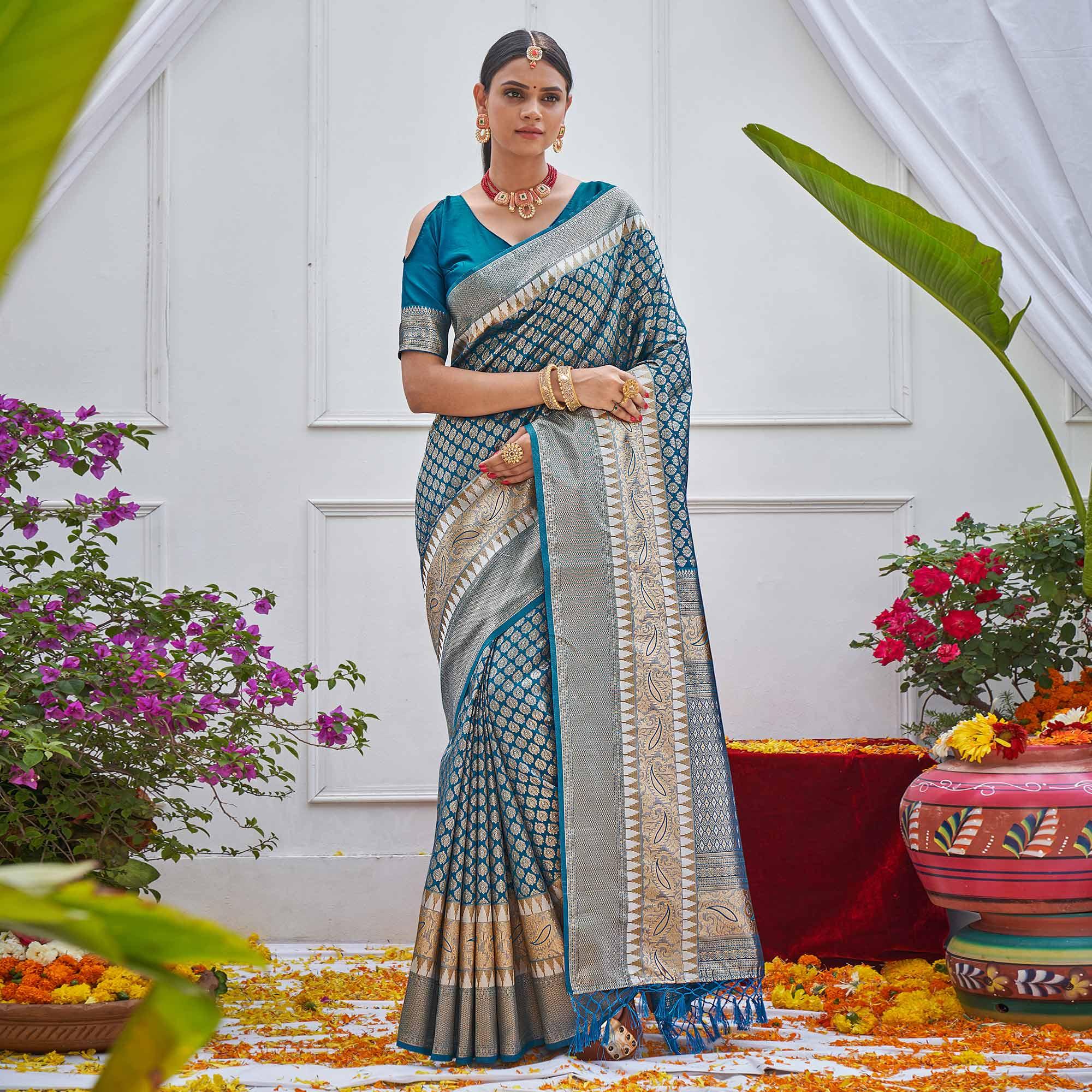 Blue Woven Art Silk Saree - Peachmode