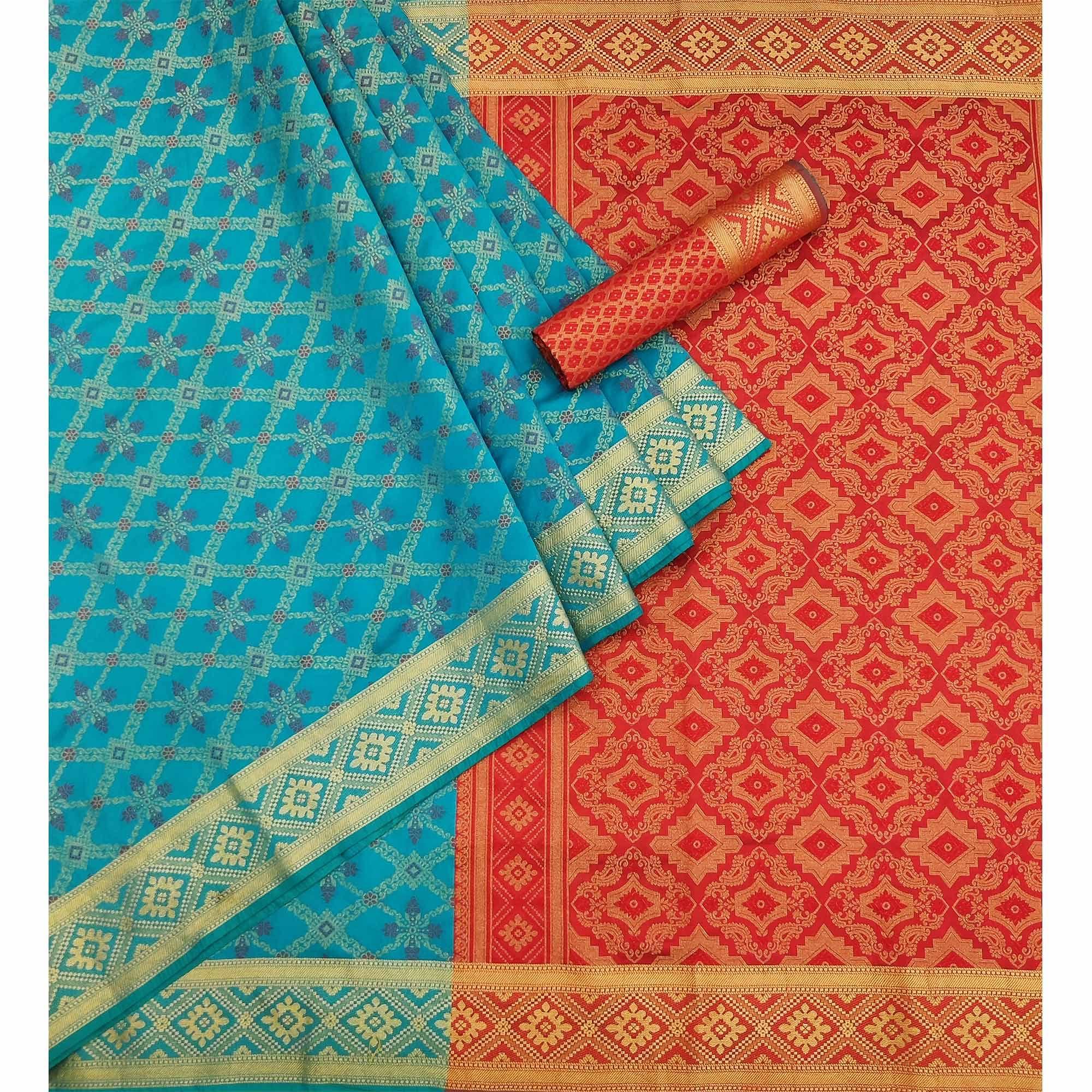 Blue Woven Art Silk Saree - Peachmode