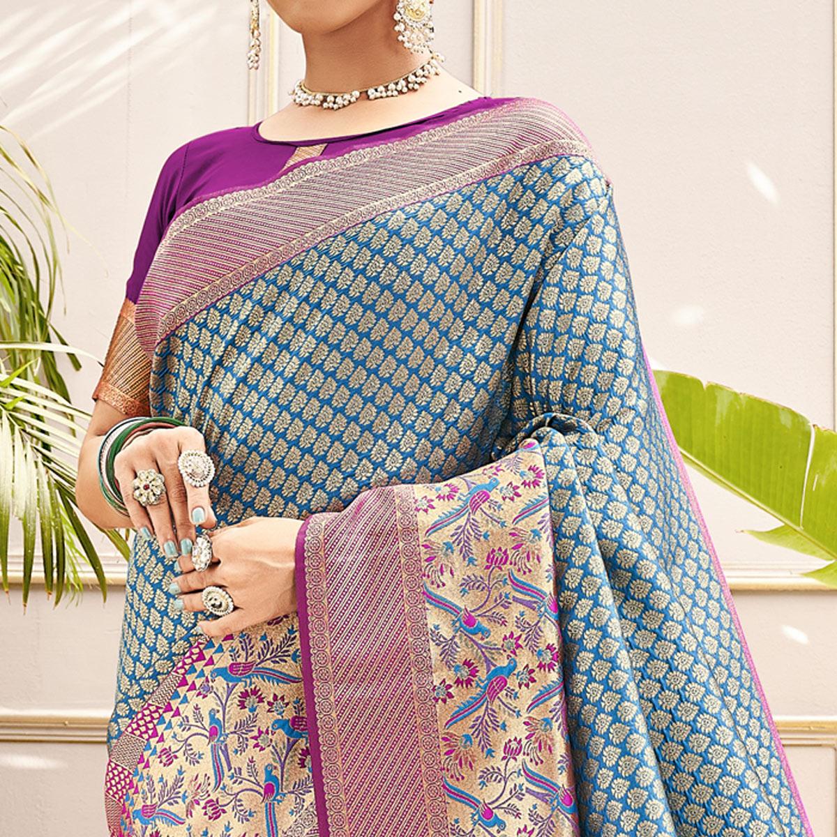 Blue Woven Art Silk Saree - Peachmode