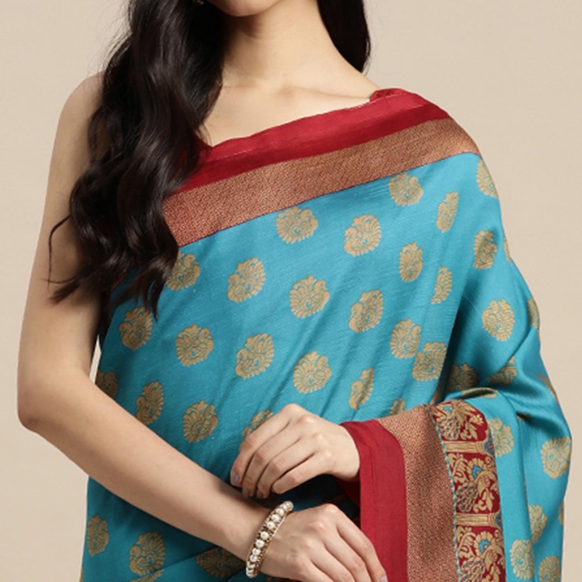 Blue Woven Art Silk Saree - Peachmode
