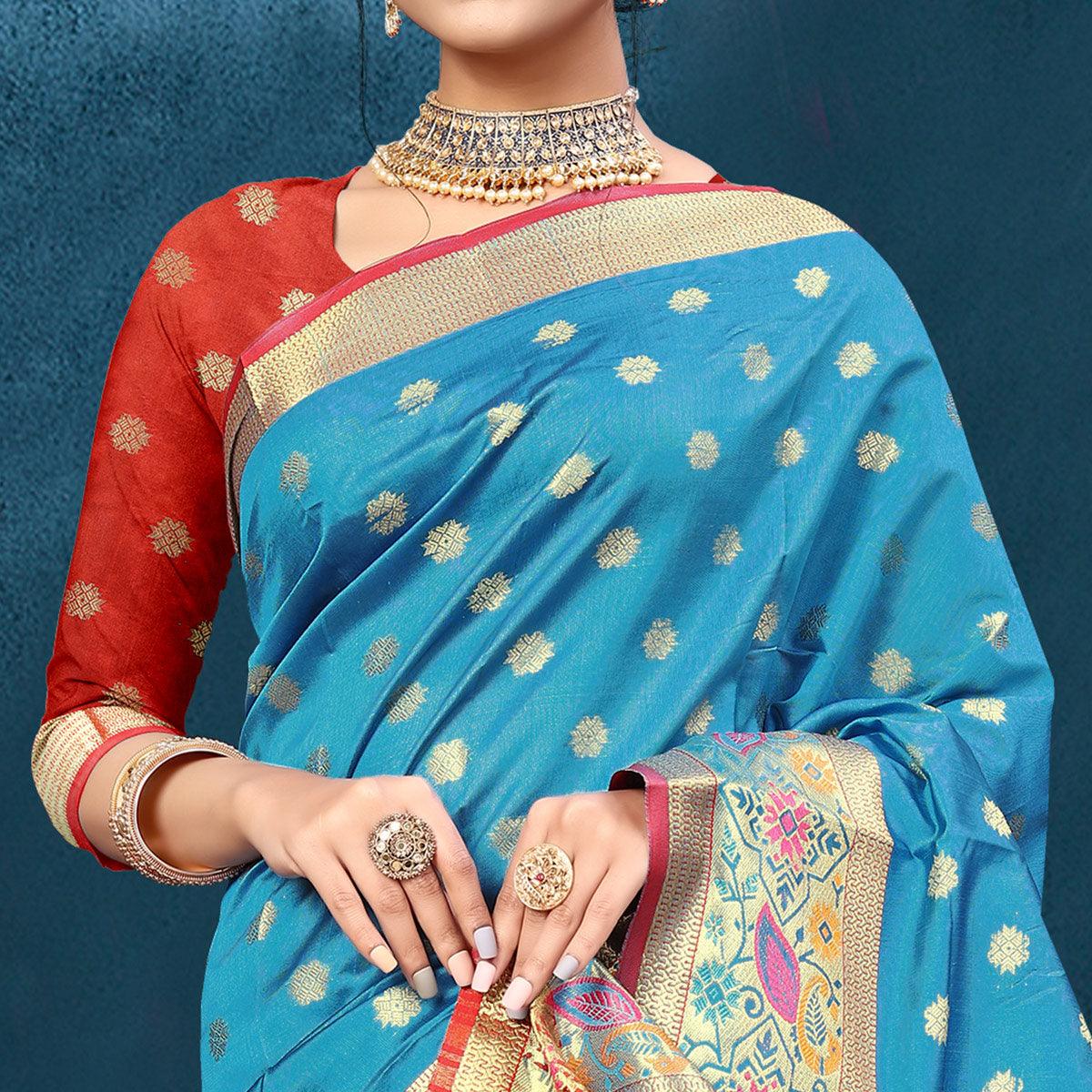 Blue Woven Art Silk Saree - Peachmode