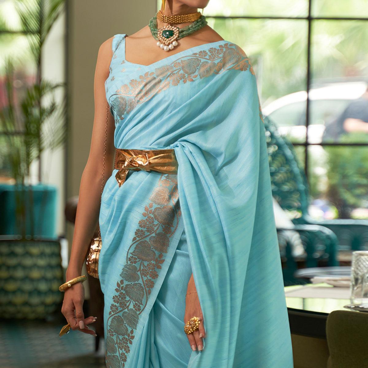 Blue Woven Art Silk Saree - Peachmode