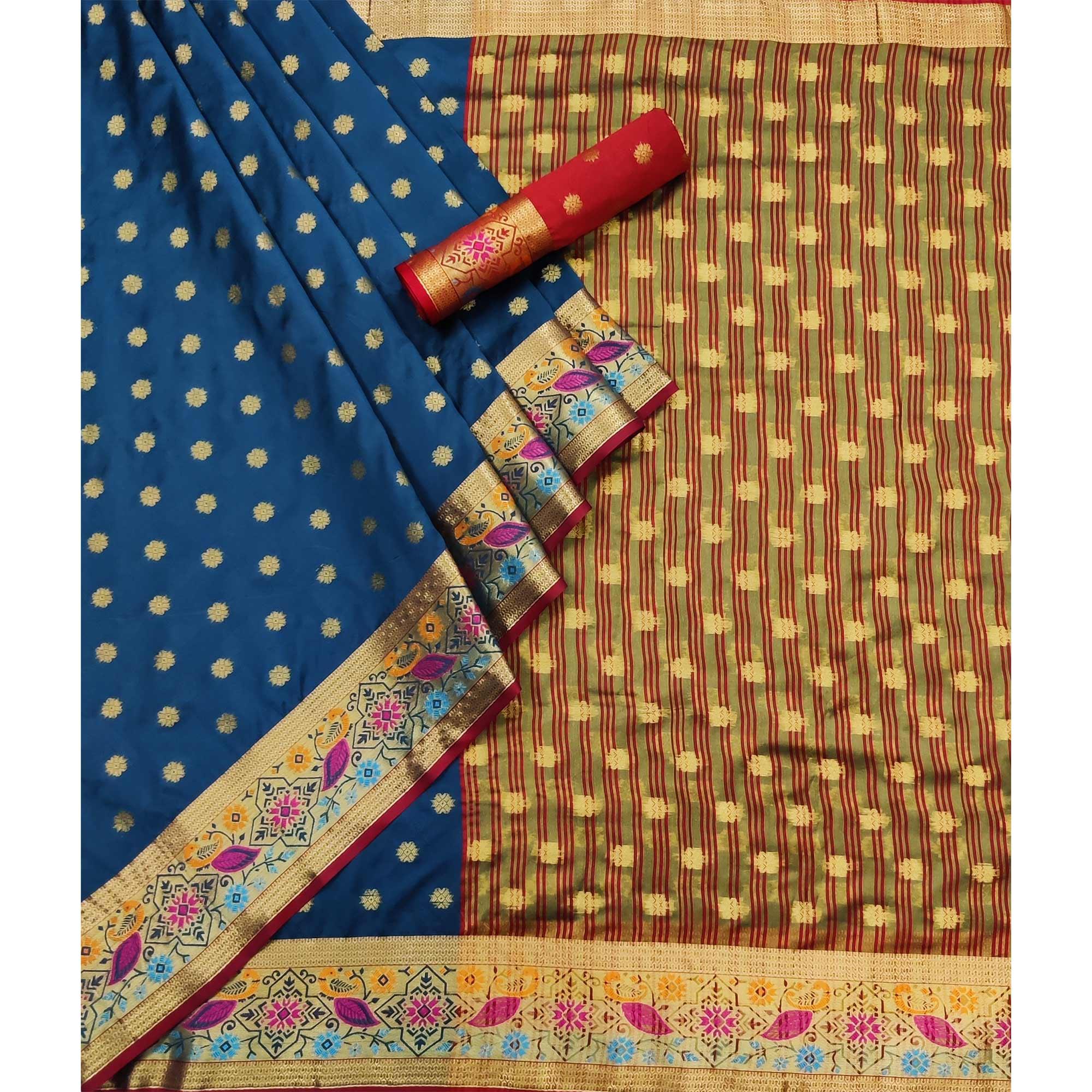 Blue Woven Art Silk Saree - Peachmode