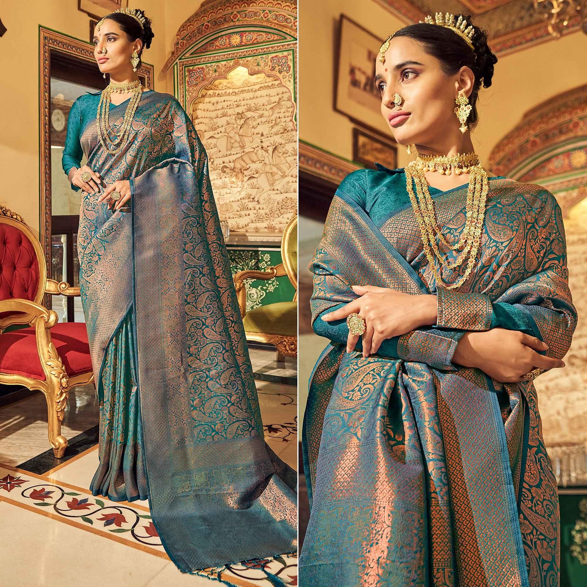 Blue Woven Art Silk Saree With Tassels - Peachmode