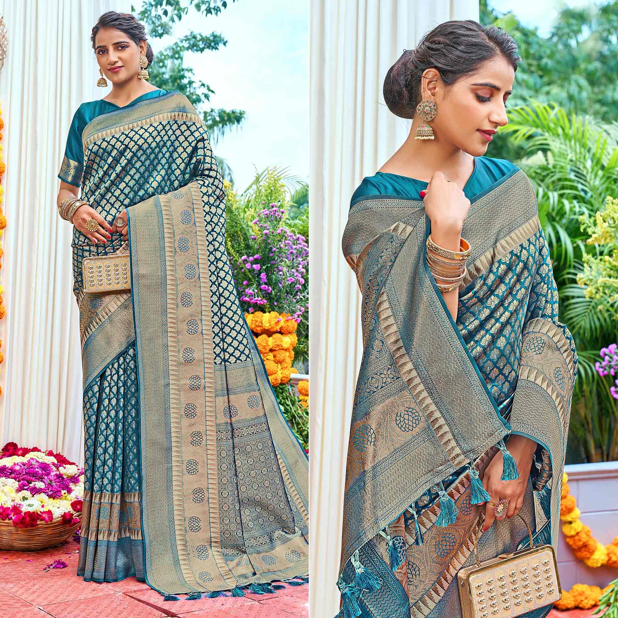 Blue Woven Art Silk Saree With Tassels - Peachmode